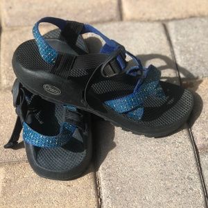 Blue and yellow dotted Chacos